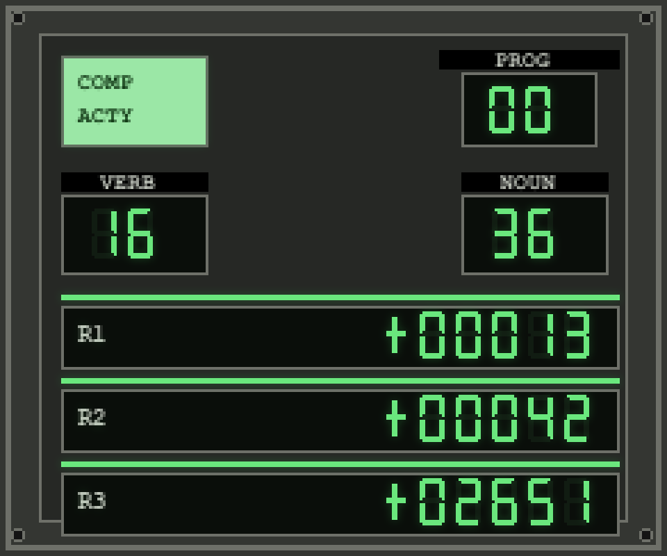 Pixel-art display and keyboard panel with green electroluminescent segment digits; the computer-activity light is lit.