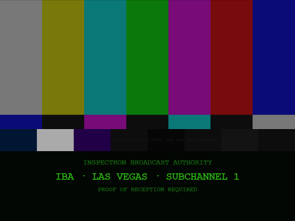 SMPTE color-bar station ident card. Lower third reads: IBA, Las Vegas, Subchannel 1. Proof of reception required.