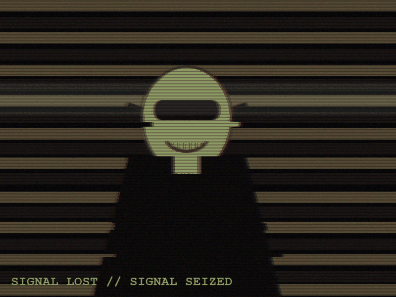 Heavily glitched CRT still: a masked silhouette behind venetian-blind stripes, picture tearing, broadcast noise.