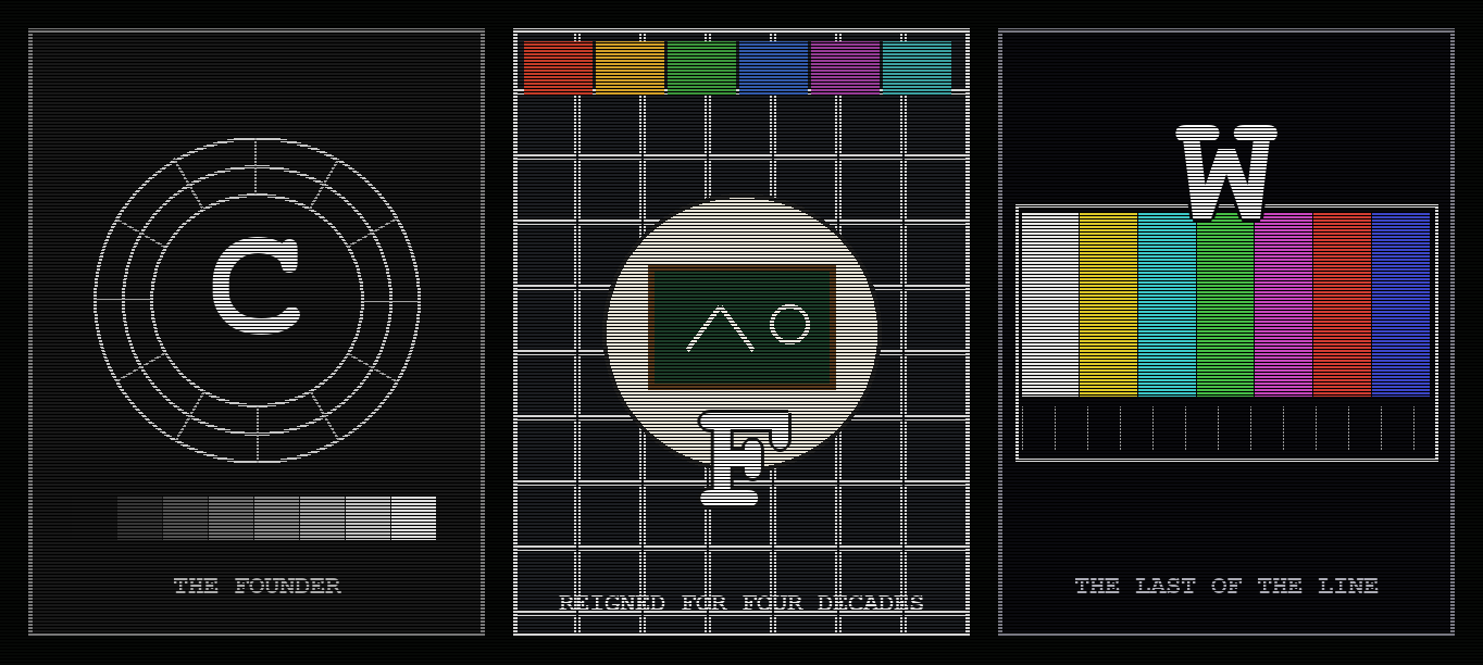 Triptych of three stylized television test cards, each printed with one large letter: C, F, and W.